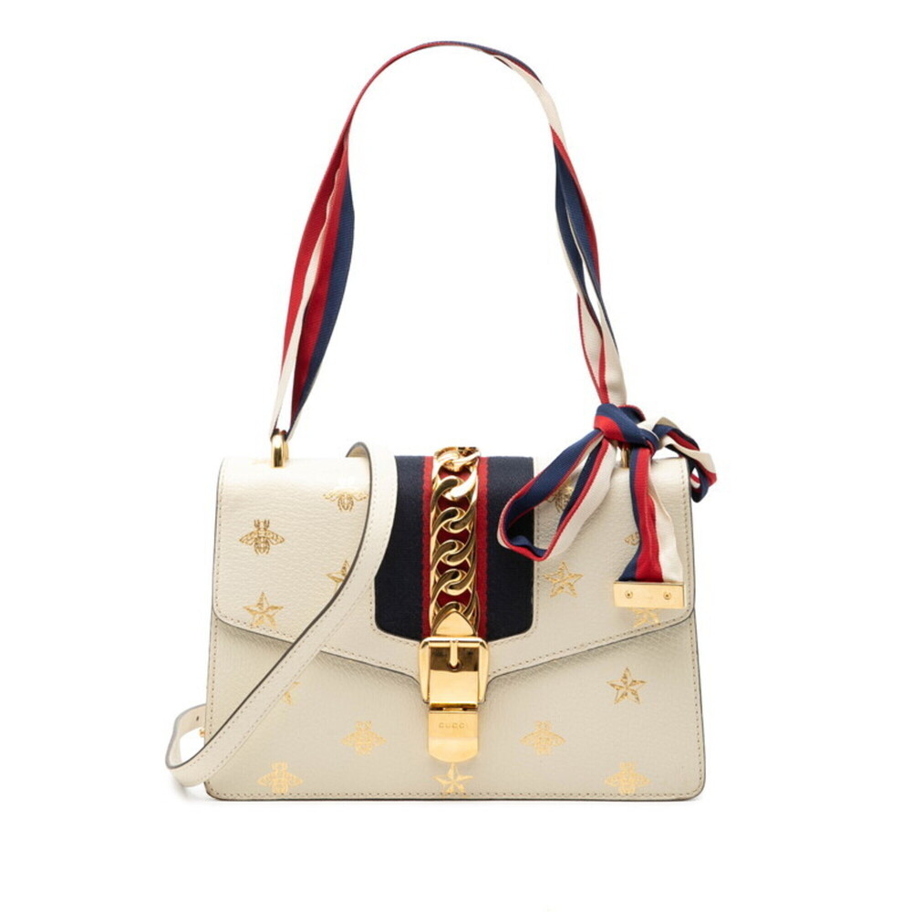 GUCCI Authentic White Leather Sylvie Shoulder Bag